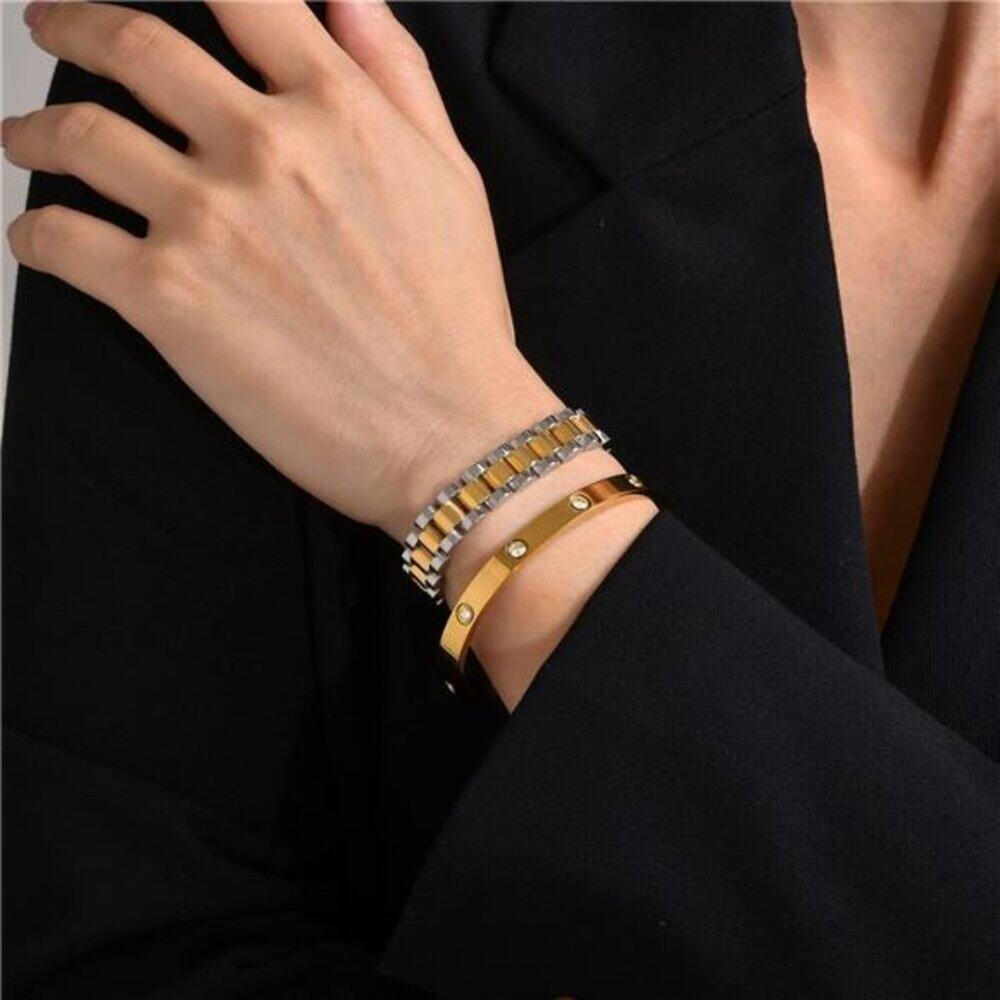 2pcs 18K Gold Plated Chain Link Bracelet 2 colors, Stainless Steel & Crystal